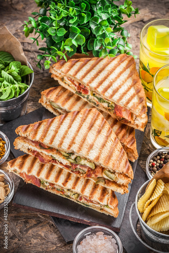 Toasted sandwiches snack colorful close-up overhead ready to eat arrangement on kitchen or restaurant wooden table