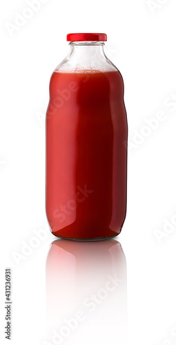 Red liquid tomato juice bottle on mirror surface with copy space isolated on white background front view object for branding studio shot