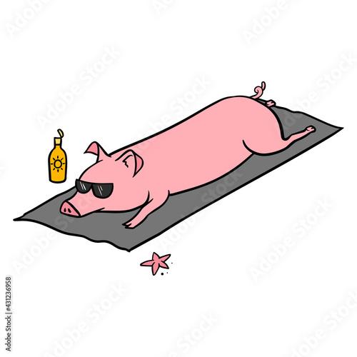Pig laying at the beach hand drawn color vector illustration