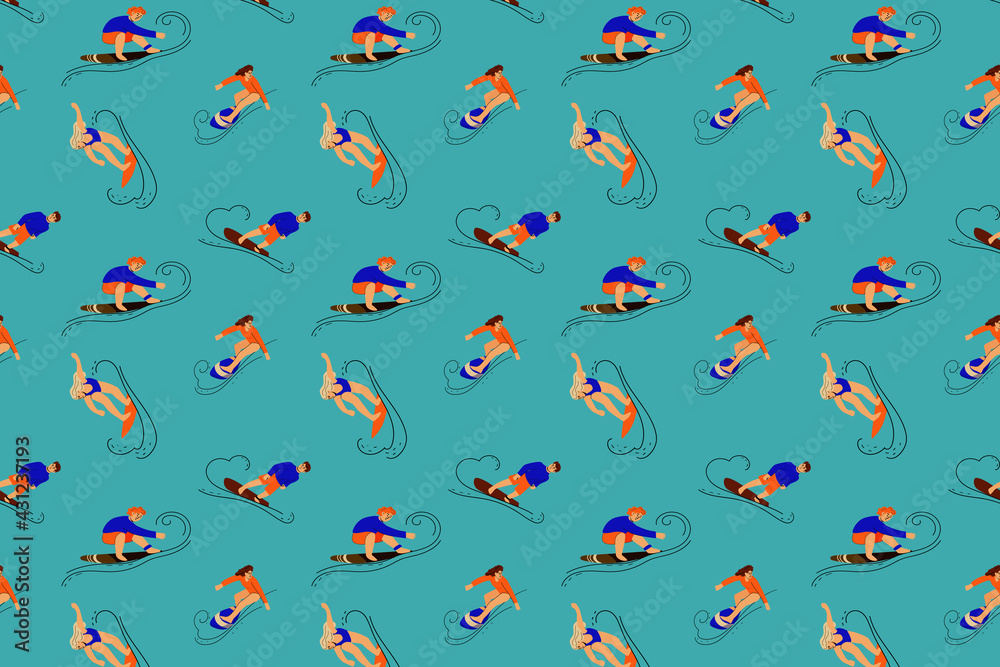 Surfing boys and girls on the surf boards Surfing boys and girls on the surf boards