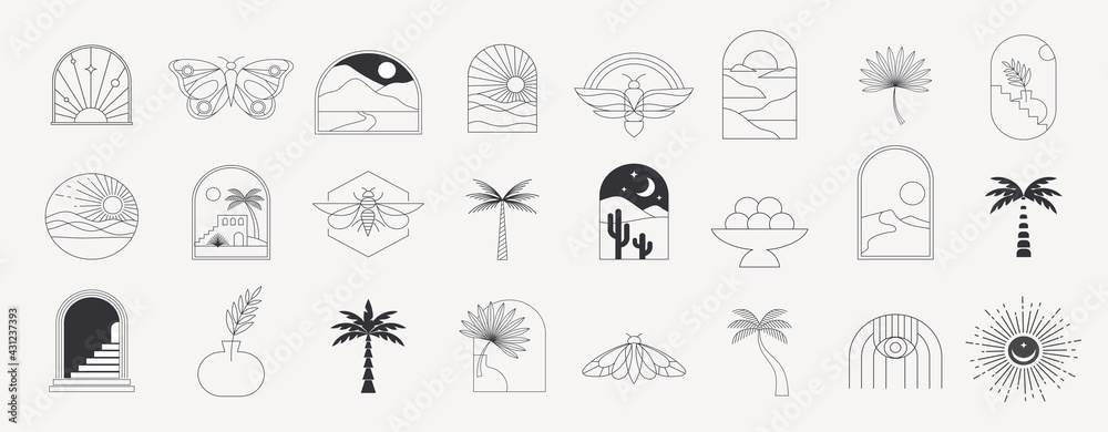 Bohemian linear logos, icons and symbols, sun, palms, landscapes design templates, geometric abstract design elements. Modern minimalist Boho style for social media posts, stories, art boutique - obrazy, fototapety, plakaty 