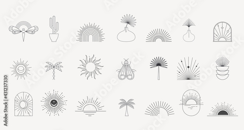Bohemian linear logos, icons and symbols, sun, palms, landscapes design templates, geometric abstract design elements. Modern minimalist Boho style for social media posts, stories, art boutique