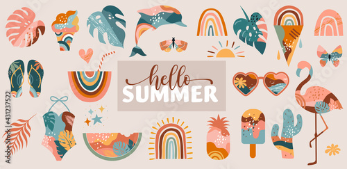 Bohemian Summer, modern summer illustrations and design of rainbow, flamingo, pineapple, ice cream and watermelon 