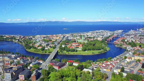 Nidelva river and Trondheim city aerial panoramic view. Trondheim is the third most populous municipality in Norway. photo