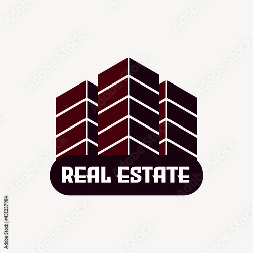 The real estate logo is a purple multi-storey building