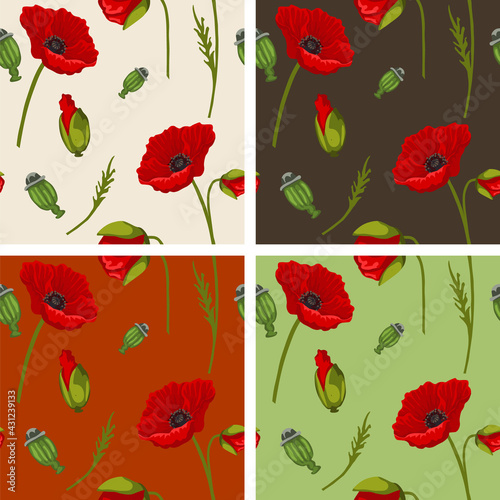 Set of 4 Papaver rhoeas  Poppy Flower Seamless Pattern Tiles