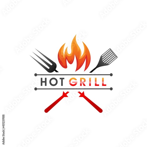 Vintage Grills barbecue with fork and fire flame logo design vector template
