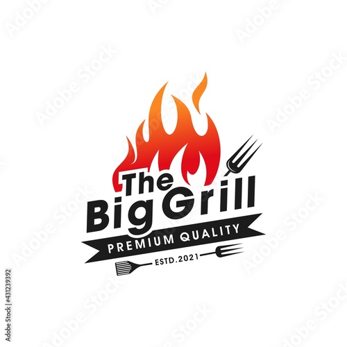 Vintage Grills barbecue with fork and fire flame logo design vector template
