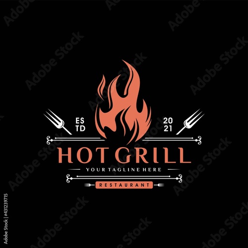 Vintage Grills barbecue with fork and fire flame logo design vector template
