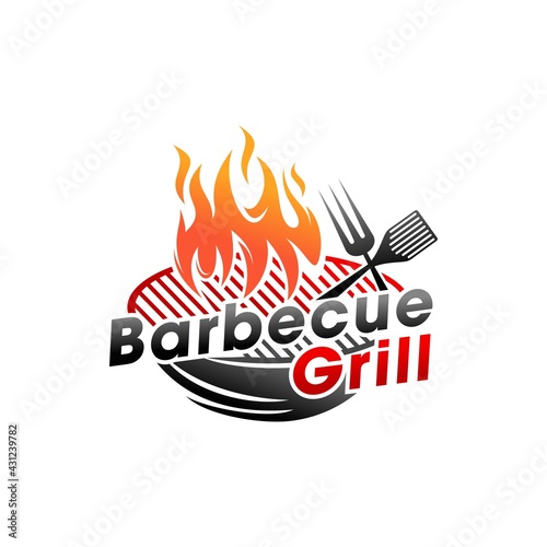 Vintage Grills barbecue with fork and fire flame logo design vector template
