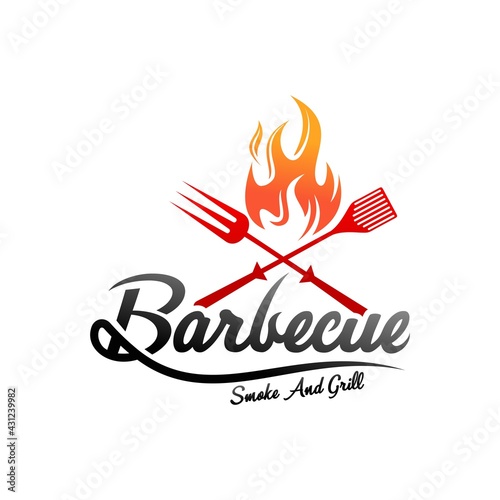 Vintage Grills barbecue with fork and fire flame logo design vector template
