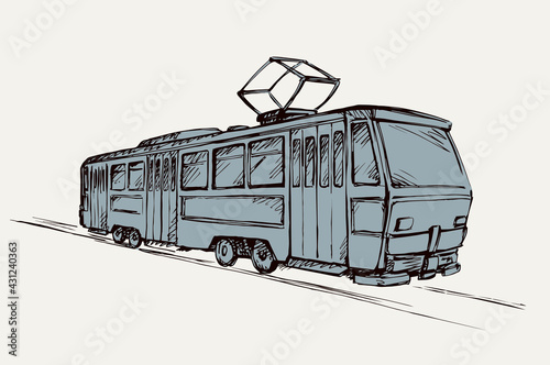 Tram rides on rails. Vector drawing