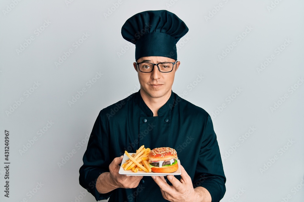 Handsome young man chef holding burger with fries skeptic and nervous, frowning upset because of problem. negative person. Handsome young man chef holding burger with fries skeptic and nervous, frowning upset because of problem. negative person.