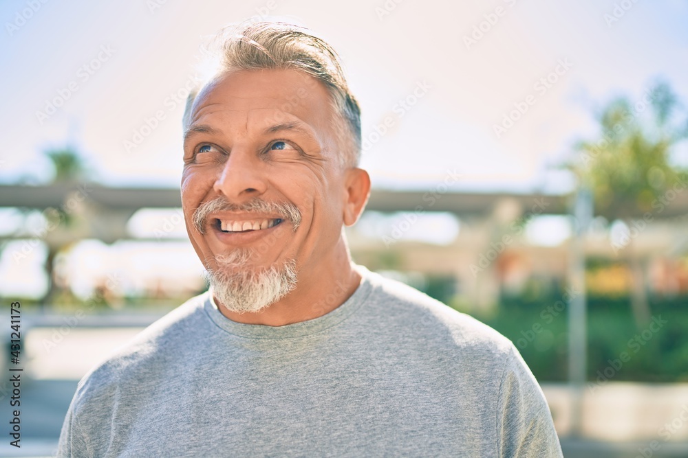 Middle age hispanic grey-haired man smiling happy standing at the city. Middle age hispanic grey-haired man smiling happy standing at the city.