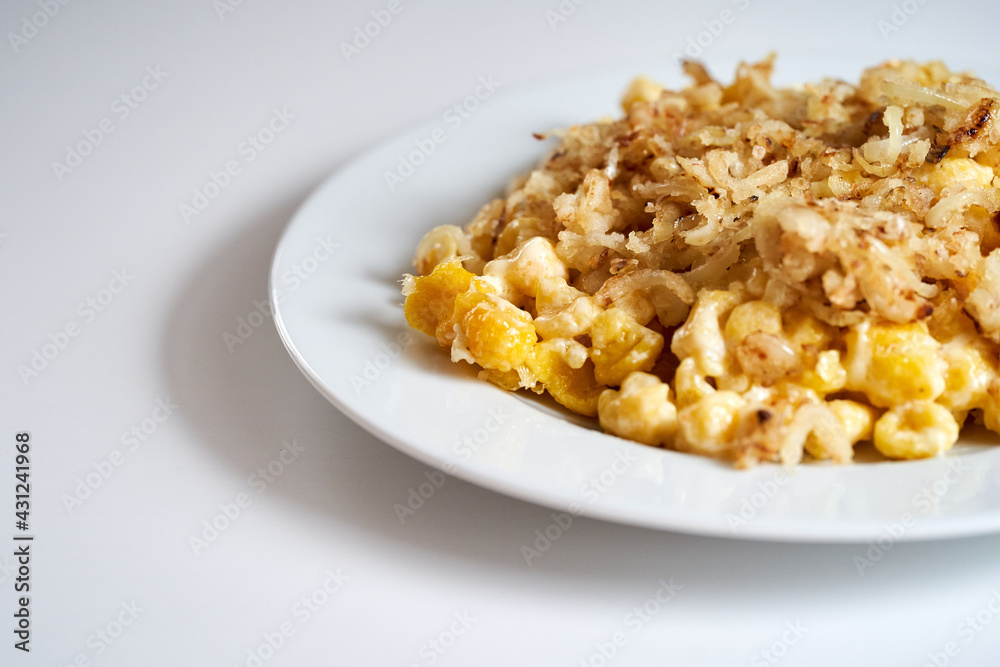 Traditional cheese soft egg noodles dish served with fried onions. South Germany Traditional cheese soft egg noodles dish served with fried onions. South Germany