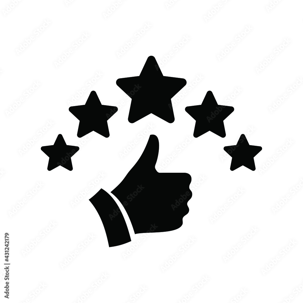 Five stars rating review icon. Feedback, Best seller, Quality icon. Vector. Customer review rating with 5 stars and thumb-up. Quality rating, feedback, five stars line symbol on white background. Five stars rating review icon. Feedback, Best seller, Quality icon. Vector. Customer review rating with 5 stars and thumb-up. Quality rating, feedback, five stars line symbol on white background.