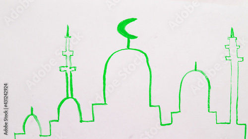 Watercolor drawing silhouette of a mosque, minarets simple children's illustration, Ramadan holiday. photo