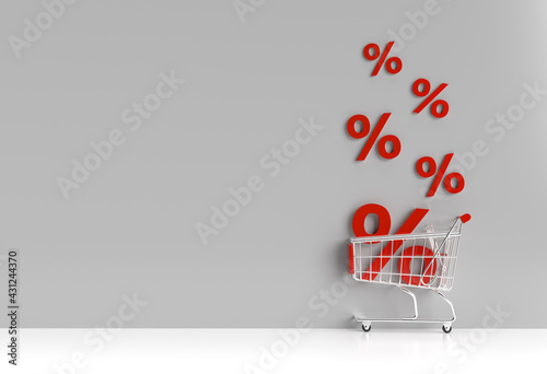 Shopping cart with red 3D percent discount symbol 3D rendering