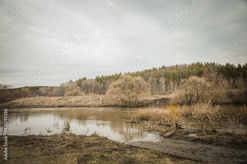 spring landscape on the river in the Russian village