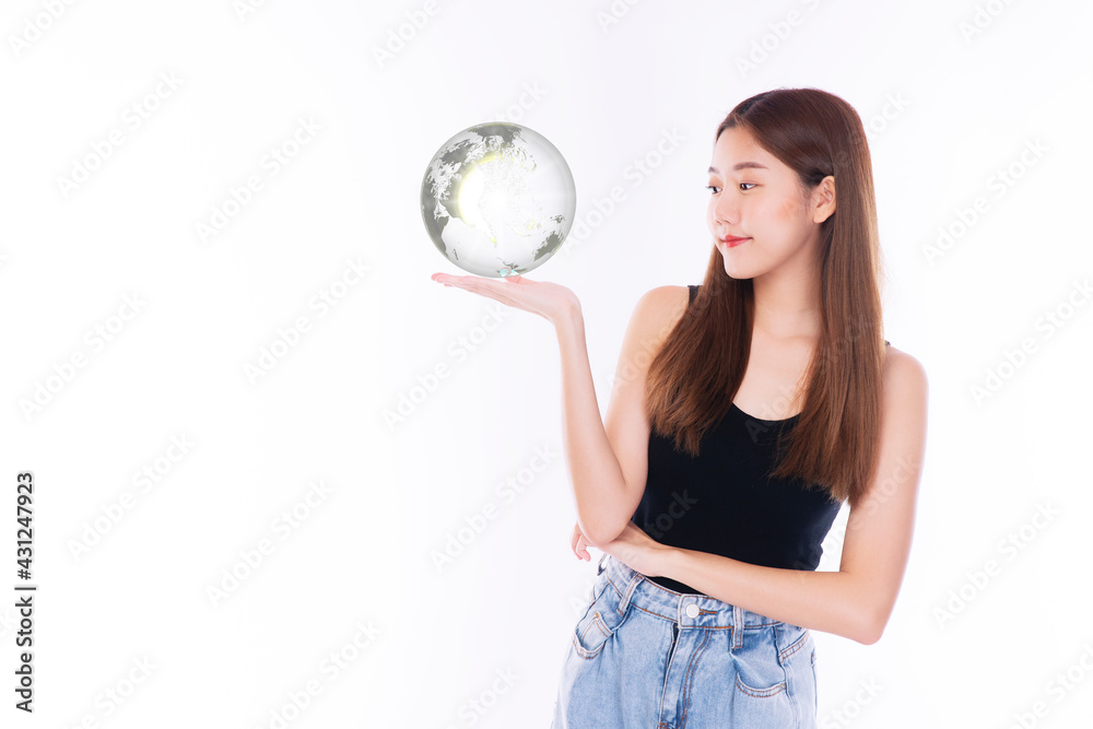 Student young girl holding small global while standing over isolated white background. Happiness woman looking at earth in own hands symbol for in the future. Lifestyle concept. Student young girl holding small global while standing over isolated white background. Happiness woman looking at earth in own hands symbol for in the future. Lifestyle concept.