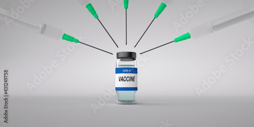 Suringes with one bottle Vaccine Solution.Priority Vaccation for Covid 19 Pandemics COVID-19 Corona Virus photo