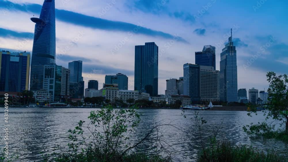 SAI GON, HO CHI MINH CITY, VIETNAM - Time Lapse Day to Night Downtown SaiGon View From Riverside SAI GON, HO CHI MINH CITY, VIETNAM - Time Lapse Day to Night Downtown SaiGon View From Riverside