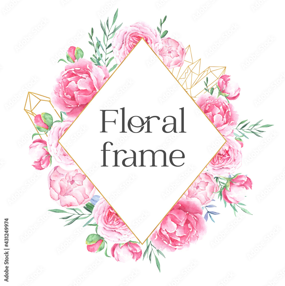 Obraz premium Hand drawn watercolor golden frame pink peonies and crystals