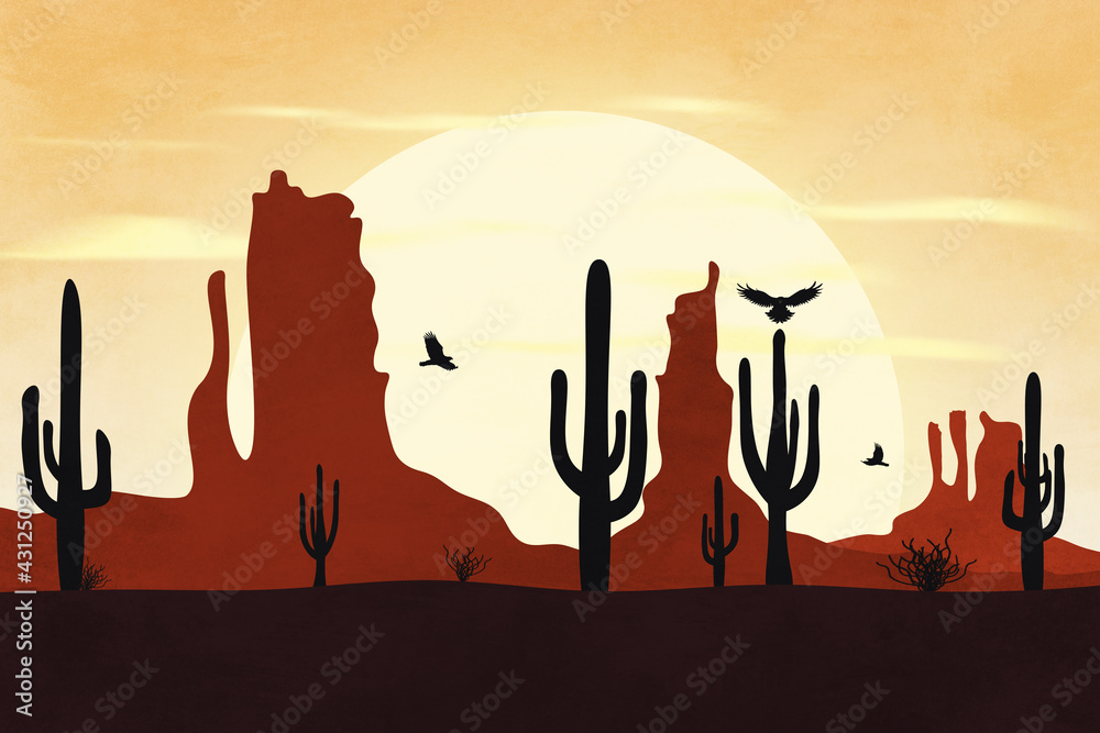 Desert valley with crows and cactus