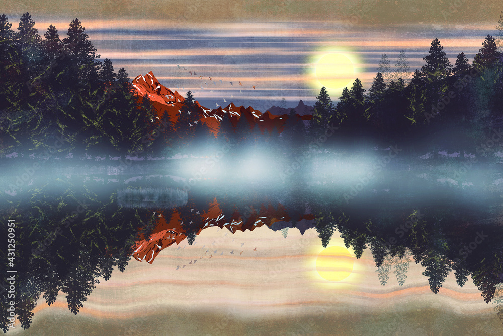 Colorful winter landscape at sunset