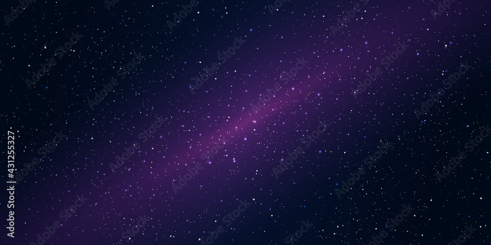 Realistic starry sky with a purple dark and pink glow, Starry nights with bright shiny stars, Shining stars in the dark sky. Vector illustration.