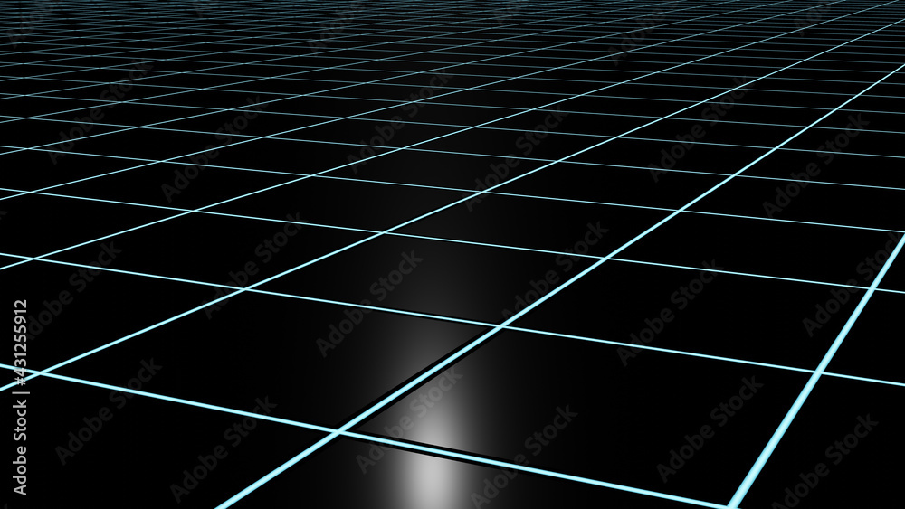 Perspective black floor with blue LED light groove (3D Rendering)