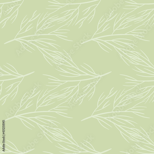 Seamless pattern with doodle tree branches silhouettes print. Light green background.