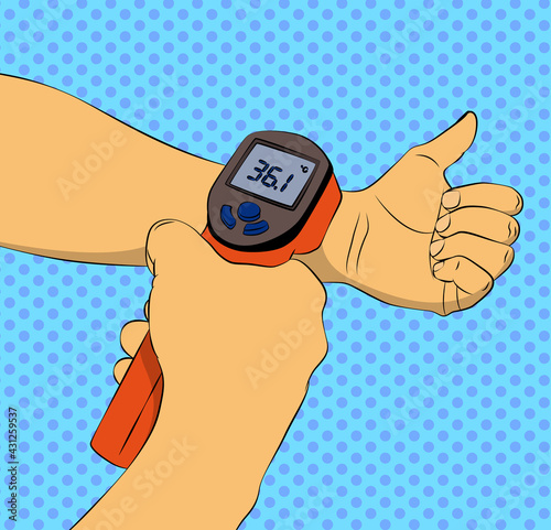 Touchless temperature check. Vector illustrated comic book style body temperature measurement with infrared wrist thermometer.