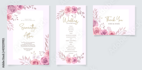 Set of wedding invitation template with beautiful soft pink blooming roses design