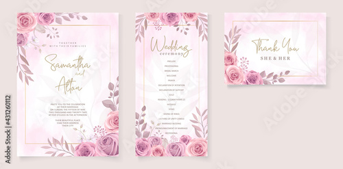 Set of wedding invitation template with beautiful soft pink blooming roses design