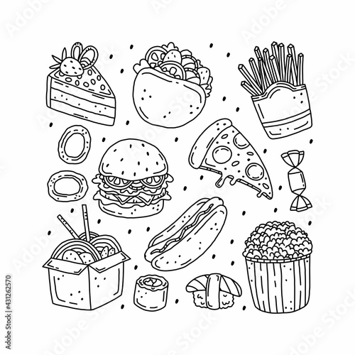 Fast food mini set in doodle style. Vector black and white hand drawn illustration. Food objects isolated on white background. Food icons. Junk food line art.