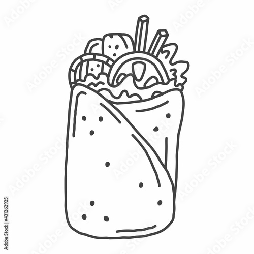 Shawarma in doodle style. Vector black and white hand drawn illustration. Food object isolated on white background. Food icons. Junk food line art.