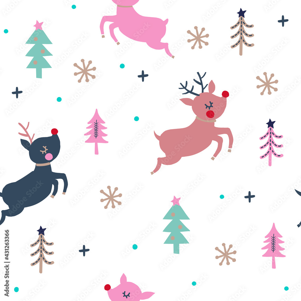 Seamless Vector pattern with cute deer, trees, and landscape elements Isolated on white background. Hand drawn vector illustration. Use for Background, fabric, and others. Seamless Vector pattern with cute deer, trees, and landscape elements Isolated on white background. Hand drawn vector illustration. Use for Background, fabric, and others.