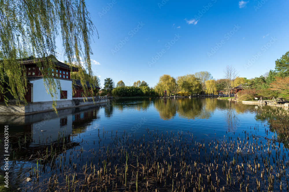 Obraz premium Chinese pagoda near the lake. Spring landscape.