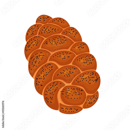 Challah with sesame seeds is the national Jewish food. White bread. Vector illustration isolated on white background.