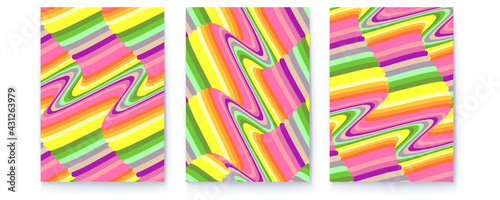 Set of abstract posters. Covers with psychedelic wavy patterns. Optical illusion from colorful lines. Vector 3d illustration