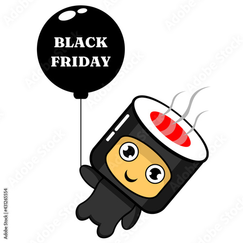 vector cartoon mascot character sushi roll, Black Friday sale balloon, perfect for advertising or promotion