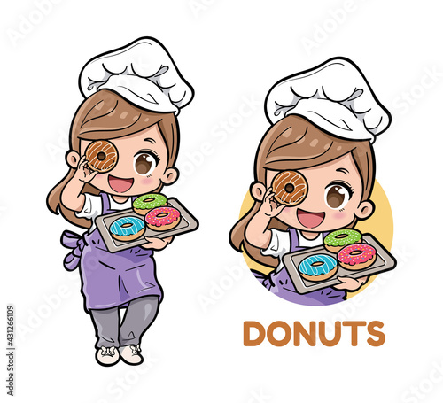 Cute female chef carrying donuts on a tray
