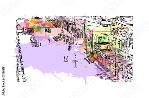 Building view with landmark of Ensenada is the 
city in Mexico. Watercolor splash with hand drawn sketch illustration in vector.