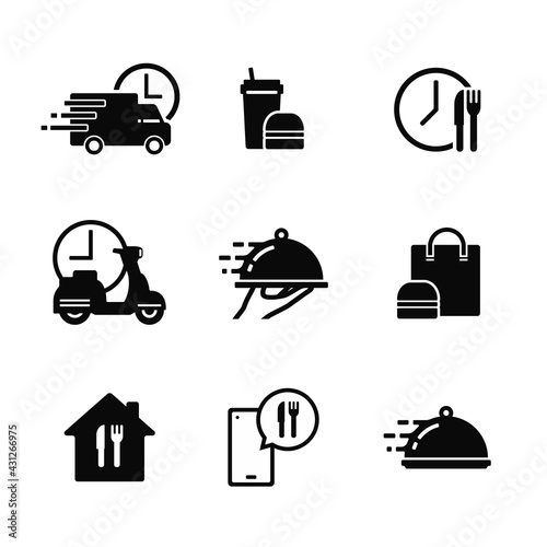 Simple set of food delivery related vector icons. Contains such icons as food box, delivery by car, order via chat, and more.