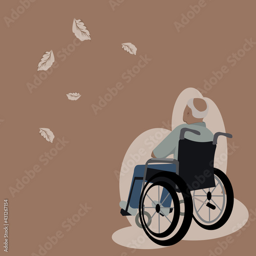 Back side of lonely old man is sitting on wheelchair and looking at the distant dry autumn leaves in outside in brown background.Vector flat design concept for entry,lonely,forlorn,desolate, lonesome.