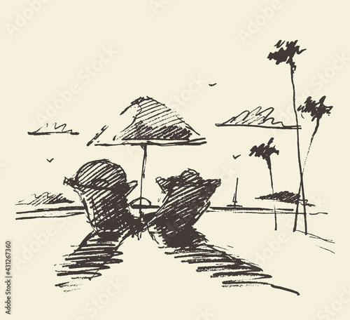 Couple tropical beach vector drawn draw sketch