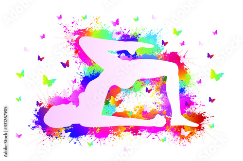 Yoga logo design. Colorful sport background. Butterfly, Silhouettes, Exercises, Fitness, Healthcare, Medical, Icon, Symbol. Vector illustration.