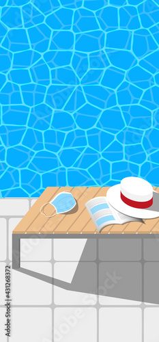 Swimming pool water and chaise longue with a book, a hat and a face mask on it. Pandemic summer concept. Vertical vector illustration.