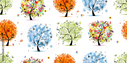 Four seasons - spring, summer, autumn, winter. Art trees collection. Seamless...